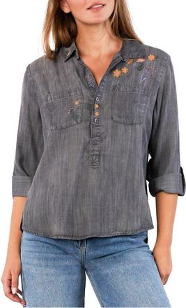 BILLY T Floral & Flawless Embroidered Denim Shirt in Smoked Pearl at Nordstrom, Size X-Large