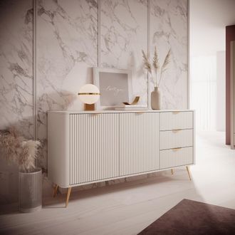 Dmora Credenza halilala, 3 Cajones, 2 Estantes, Puertas Batientes Y Deslizantes, 163x38x81h Cm Beige
