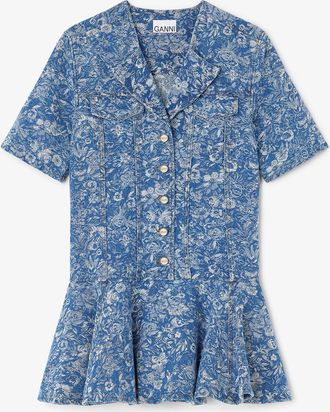 Ganni Blue Tapestry Mini Dress - Size 10/12 Organic Cotton