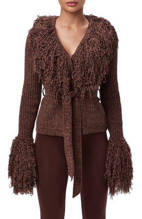 Naked Wardrobe Fringe Tie Waist Chenille Cardigan in Dark Chocolate at Nordstrom, Size Large
