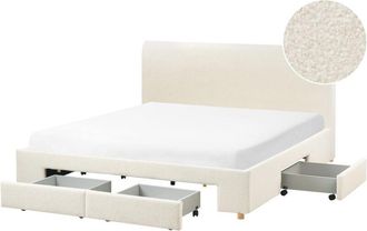 Beliani Beliani - Cama Moderna Con Cajones Tapicer&iacute;a De Boucl&eacute; Con Somier De Listones 180 X 200 Cm Blanco Crema Soutrin