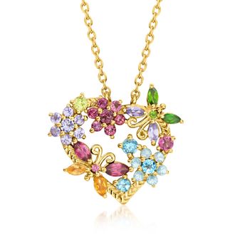 Ross-Simons Multi-Gemstone Flower and Butterfly Heart Necklace in 18kt Gold Over Sterling
