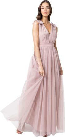 Maya Womens Ladies Maxi Dress with Ruffle V Neck Sleeveless High Empire Waist Long for Prom Guest Wedding Bridesmaid, Frosted Pink, 10