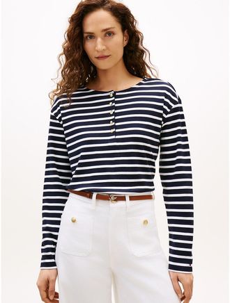 Tommy Hilfiger Womens Relaxed Fit Cotton Interlock Henley - Navy - XXL