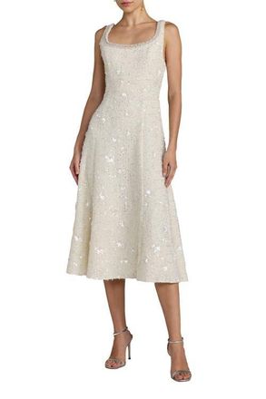 Mac Duggal Boucle Embellished Square Neck A Line Midi Dress in Ivory at Nordstrom, Size 14