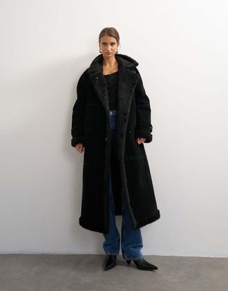 Topshop cappotto longline con bordo in pile borg e collo a imbuto nero