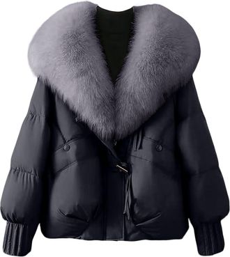 Generic Womens Faux Fur Collar Puffer Jacket with Pockets Quilted Padded Short Parka Coat Windproof Warm Winter Outerwear Plus Size Batwing Sleeve Snow Parka 