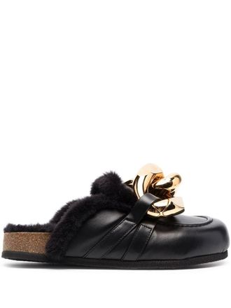 J.W.Anderson chain-trim leather mules - women - Calf Leather/Artificial Fur/Sheepskin/Rubber - 36 - Black