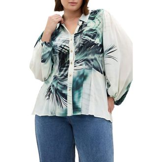 City Chic Piper Palm Print Button-Up Shirt in Shadow Palm at Nordstrom, Size Xxxs
