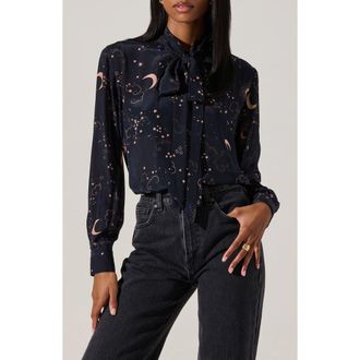 ASTR the Label Mabry Tie Neck Shirt in Navy Night Print at Nordstrom, Size Small