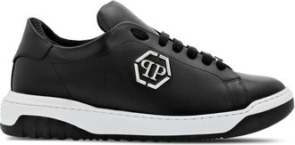 Philipp Plein logo-appliqu&eacute; leather sneakers - men - Sheepskin/Calf Leather/Calf Leather/Rubber/Zinc - 39 - Black