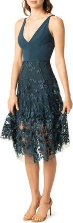 Dress The Population Darleen V-Neck Embroidered Mesh Cocktail Dress in Peacock Blue at Nordstrom, Size Xx-Small