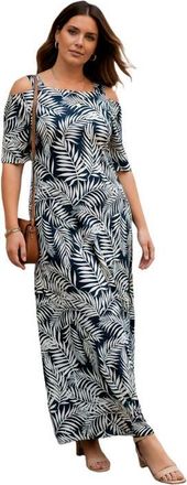 Roaman's Plus Size Cold Shoulder Maxi Dress in Navy Vine Palms at Nordstrom, Size 36