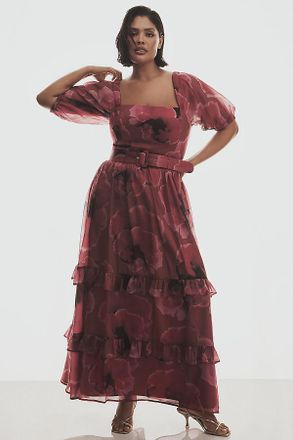 Hutch Puff-Sleeve Square-Neck Belted Tiered Ruffled Maxi Dress