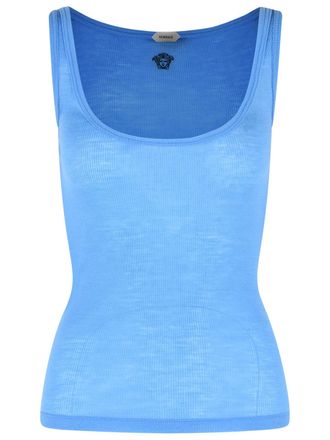 Versace geripptes Tanktop aus Schurwolle mit himmelblauer Stickerei