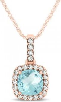 Allurez Aquamarine & Diamond Halo Cushion Pendant Necklace 14k Rose Gold (1.47ct)
