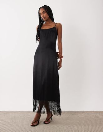 Asos vestito sottoveste midi in raso con frange nero