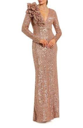 Mac Duggal V-Neck Long Sleeve 3D Floral Sequin Gown in Copper at Nordstrom, Size 16