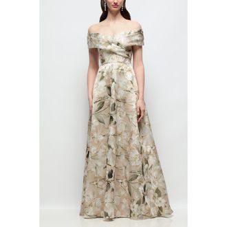 The Dessy Group Karr Metallic Floral Jacquard Off the Shoulder Organza Gown in Plumeria Floral Print at Nordstrom, Size 16