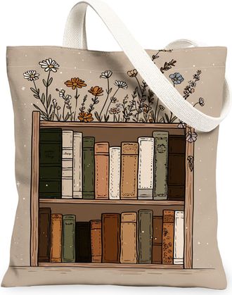 Generic Floral Bookshelf Canvas Tote Bags, Vintage Plant Pattern Reusable Grocery Bags, Lightweight Washable Shoulder Strap Canvas, Beige, 13x15 Inch