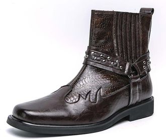 Generic Mens Square Toe Western Cowboy Boot PU Leather Short Boots with Buckle Pull on Ankle Boots with Rivet,Brown,12.5 UK