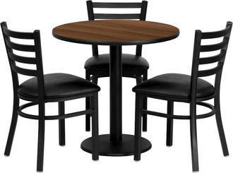 Flash Furniture 30 Round Walnut Table Set with 3 Ladder Back Metal Chairs - Black Vinyl Seat
