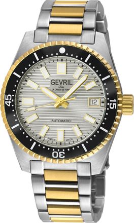 Gevril Group Mens Atlantic Avenue 316L Stainless Steel Case, Black Ceramic Bezel, White Silver Embossed Dial, Two toned SS/IPYG Bracelet. - Silver & Gold - One Siz