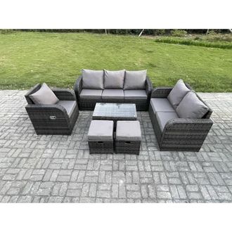 Fimous Outdoor Garden Furniture Sets 6 Pieces Wicker Rattan Furniture Sofa Sets with Rectangular Coffee Table Loveseat Sofa 2 Small Footstools - Fimous