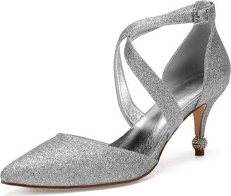 Generic Wedding Bridal Shoes Womens 7.5Cm High Heels Ankle Strap Pointed Toe Bridal Dress Stiletto Prom Formal Party Shoes,Silver,7 UK