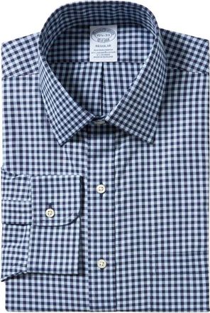 Brooks Brothers Overhemden, Heren, Blauw, M, Katoen, Blauw-navy Gingham Regular Fit Non-Iron Overhemd met Ainsley Kraag