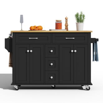 STILVORA Carro De Cocina Con 5 Cajones, 2 Armarios, Encimera Abatible Y Ruedas, Mdf, Negro Natural, 140 X 40 X 89 Cm