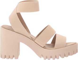 Madden Girl Womens Lug Sole Ankle Strap Slip On Heeled Sandal In Sand Fabric