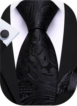 Barry.Wang Mens Paisley Tie Silk Black Ties Pocket Square Cufflinks Necktie Set Handkerchief Wedding Party