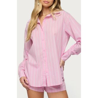 Edikted Carmella Stripe Oversize Button-Up Shirt in Pink at Nordstrom, Size X-Small