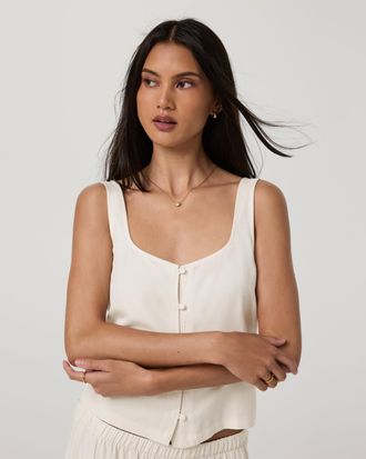 Vuori Clothing Trestles Twill Button Front Top | Natural | XS, Size Extra Small