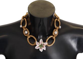 Dolce & Gabbana Gold White Lily Floral Chain Statement Womens Necklace
