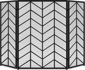 Best Choice Products 52x31in 3-Panel Iron Chevron Fireplace Screen, Spark Guard w/ Handles