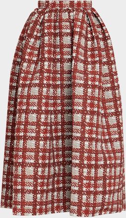 Oscar De La Renta Textured Plaid-Print Pleated Midi Circle Skirt