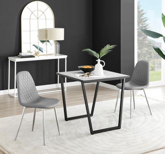 Furniturebox Carson White Marble Effect Square Dining Table & 2 Faux Leather Corona Silver Chairs in Grey