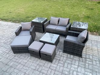 Fimous Rattan Wicker Garden Furniture Patio Conservatory Sofa Set with Square Coffee Table Armchair 2 Seater Sofa in Dark Grey