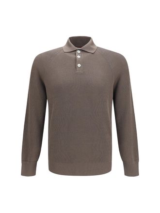 Brunello Cucinelli Mens Long-Sleeve Knit Polo Shirt Hazelnut-Panama Cotton Hazelnut/panama T-shirts And Polos