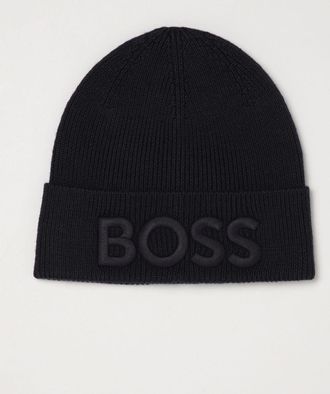 HUGO BOSS Berretto beanie in maglia di misto lana a coste con logo ricamato