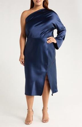 Renee C One-Shoulder Satin Midi Dress in Navy at Nordstrom Rack, Size 1X