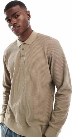 Jack & Jones knit long sleeve textured polo in beige-Neutral