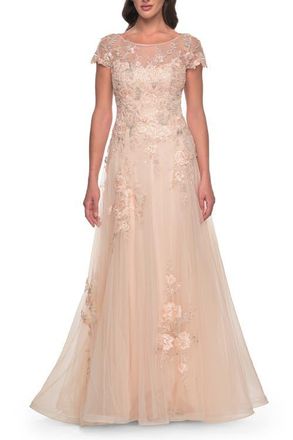 La Femme Tulle and Lace A-Line Dress with Illusion Neckline and Short Sleeves in Champagne at Nordstrom, Size 10