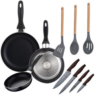 San Ignacio Set Sartenes Navy Black 16/20/24 Cms. Al. Prensado, Inducci&oacute;n, Con Set 4 Cuchillos De Cocina, Acero Inoxidable, Con Set 3 Utensilios De Cocina, Nylon