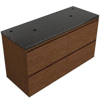 Saniclass Holz Pure Badkamermeubelset - 120x45x63cm - Noche basalten wastafelblad gepolijst (zwart) - 2 kraangaten - 4 lades - mat walnut pure (hout)