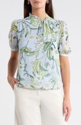 Sugarlips Serenade Bloom Rayna Bow Puff Sleeve Top in White Greens at Nordstrom, Size X-Large