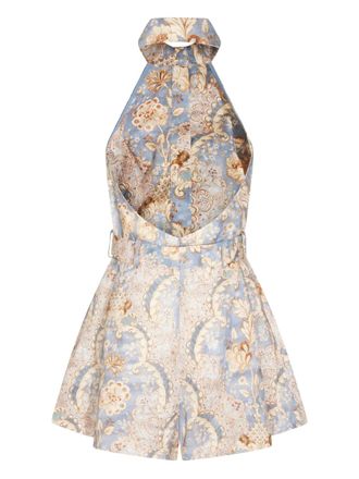 Zimmermann halter-neck patterned playsuit - women - Linen/Flax - 0 - Blue