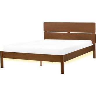 Beliani Cama Led Con Somier De Listones De Madera Oscura De Caucho Con Cabecero Estilo R&uacute;stico Minimalista 140 X 200 Cm Boisset